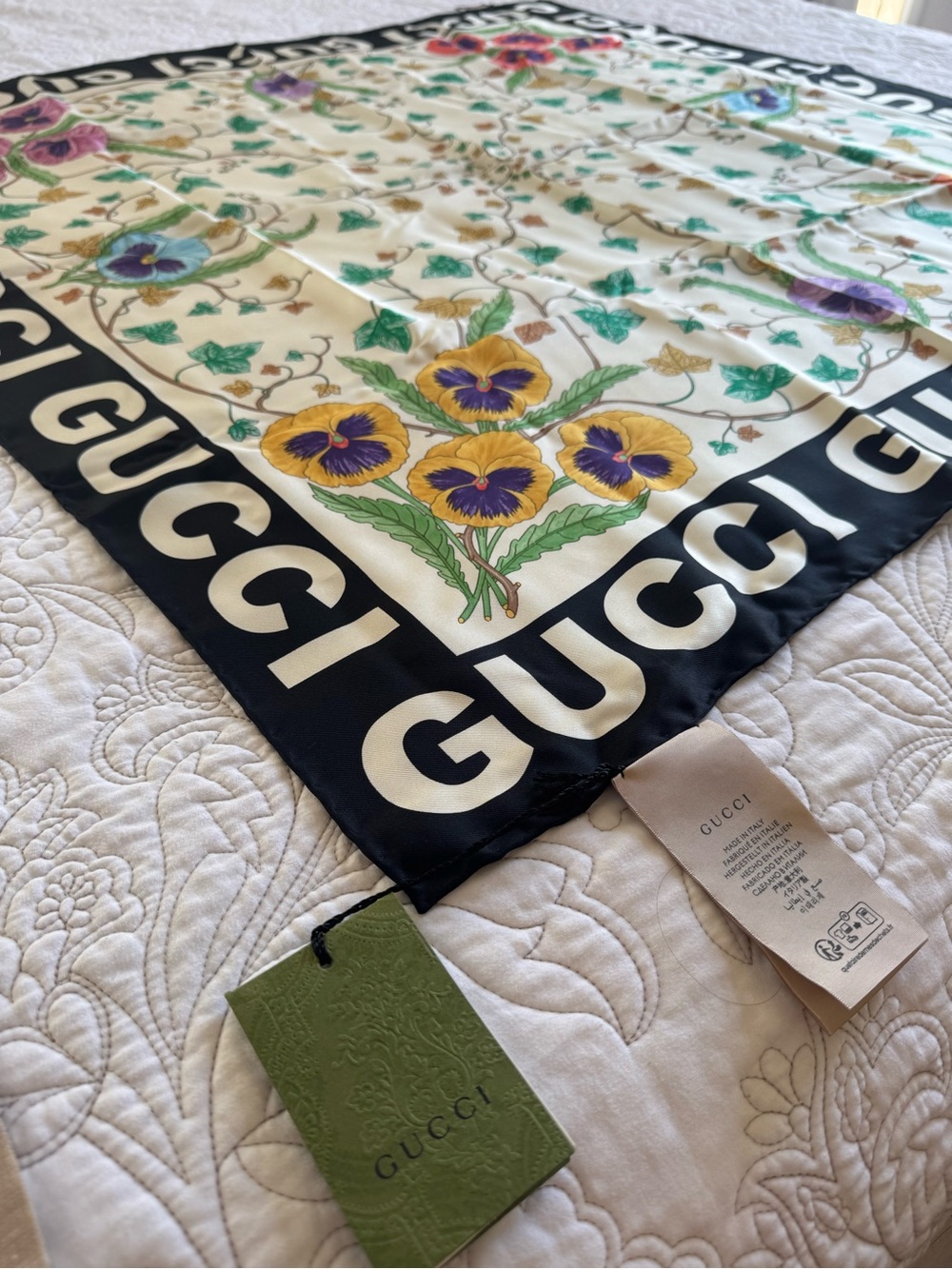 Gucci Black-Trim Floral Logo Silk Scarf in Cream, Green, Purple, Yellow, Red